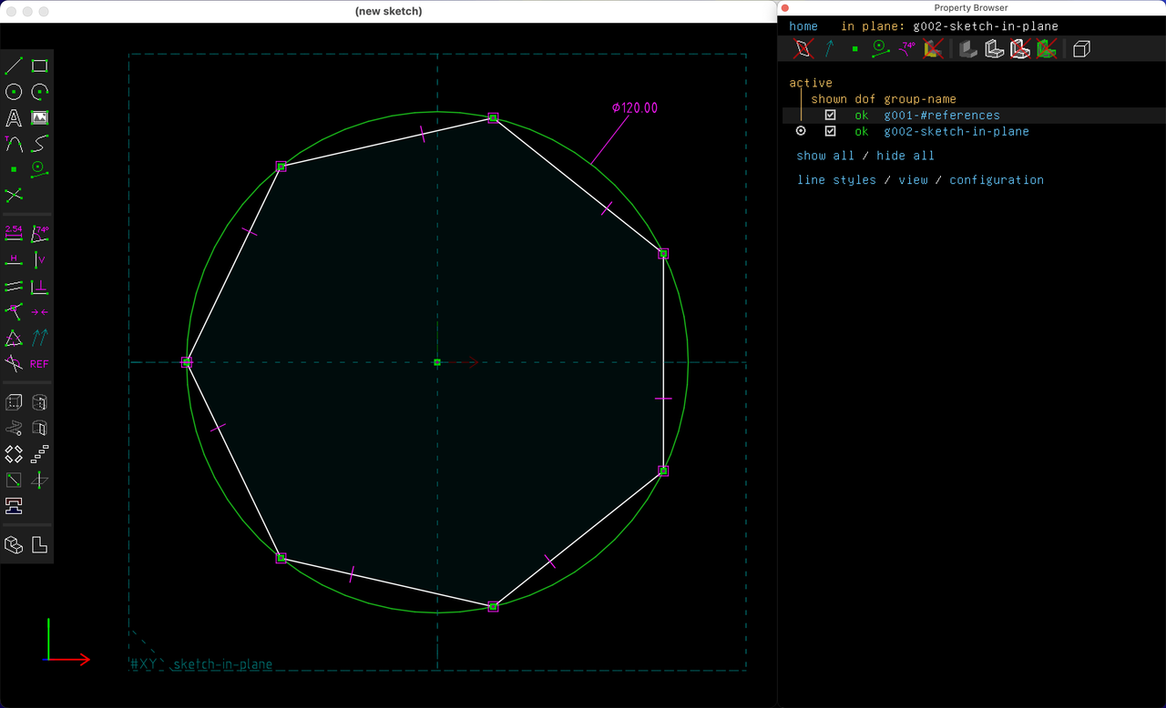 Seven-sided polygon constructed in SolveSpace.