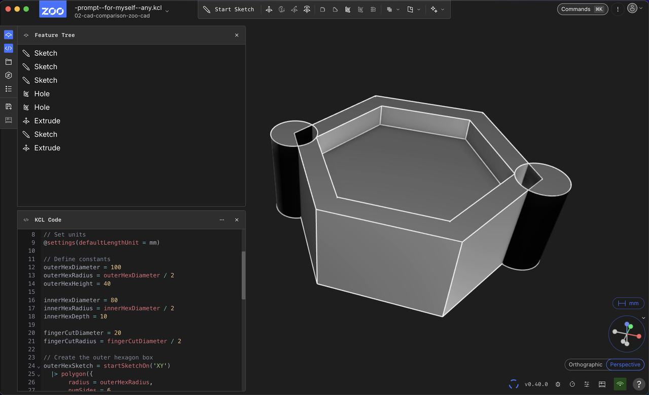 Interface with "feature tree" "KCL code" and 3d view of first LLM prompt result.