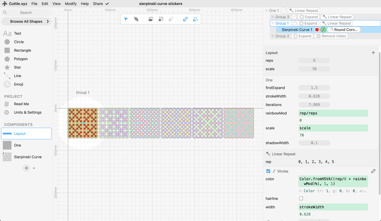 Cuttle interface showing parametric color and expand.