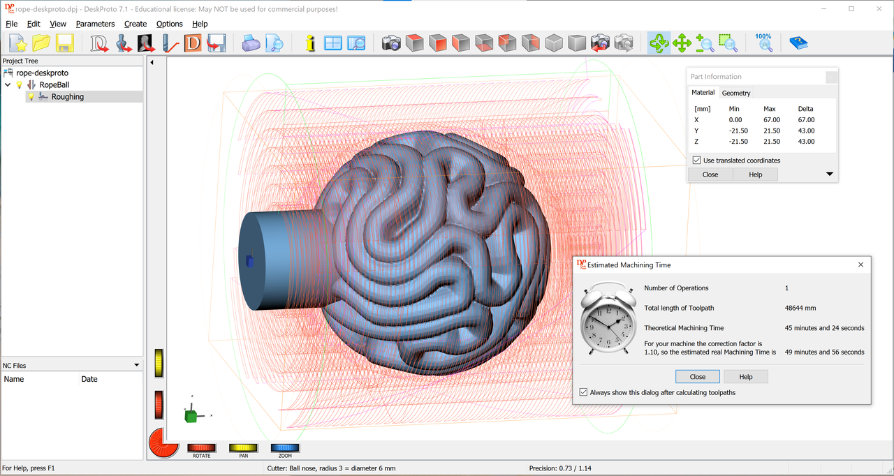 DeskProto screenshot, roughing pass.