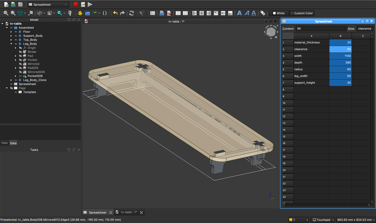 Screenshot of FreeCAD showing the project structure.