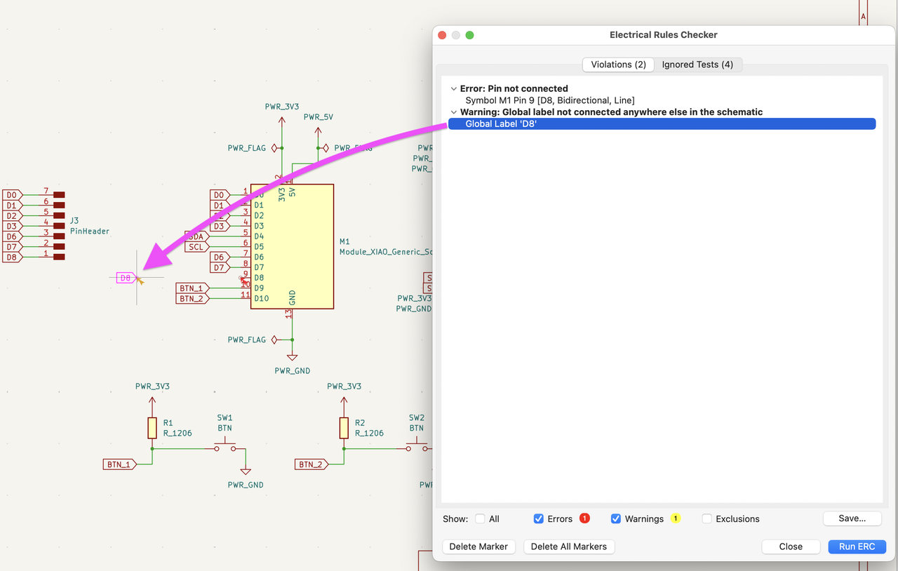 KiCAD Schematic ERC interface. "Warning: Global label not connected anywhere else in the schematic."