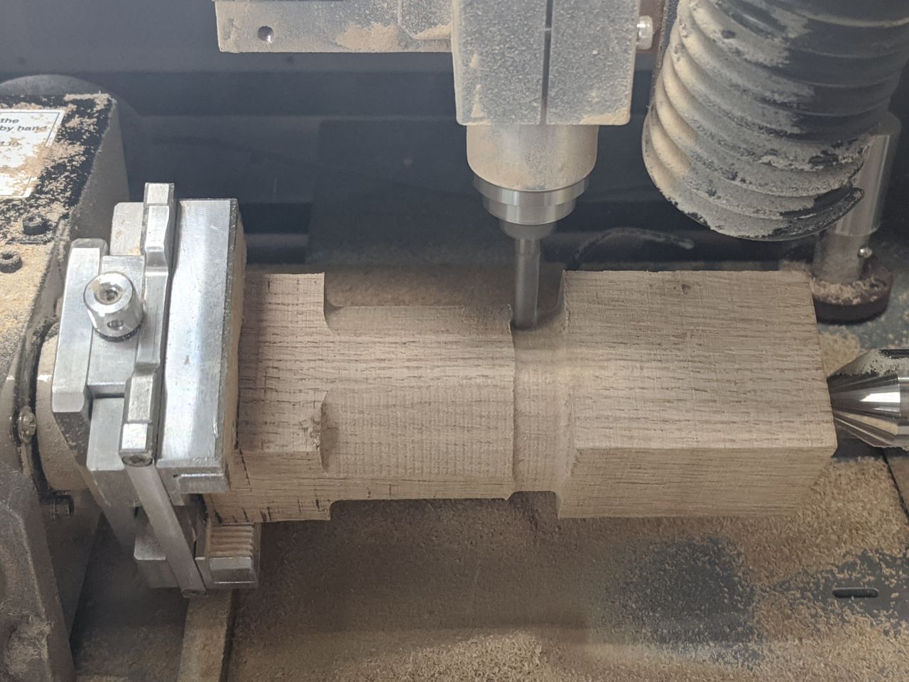 Wood milling, roughing pass.