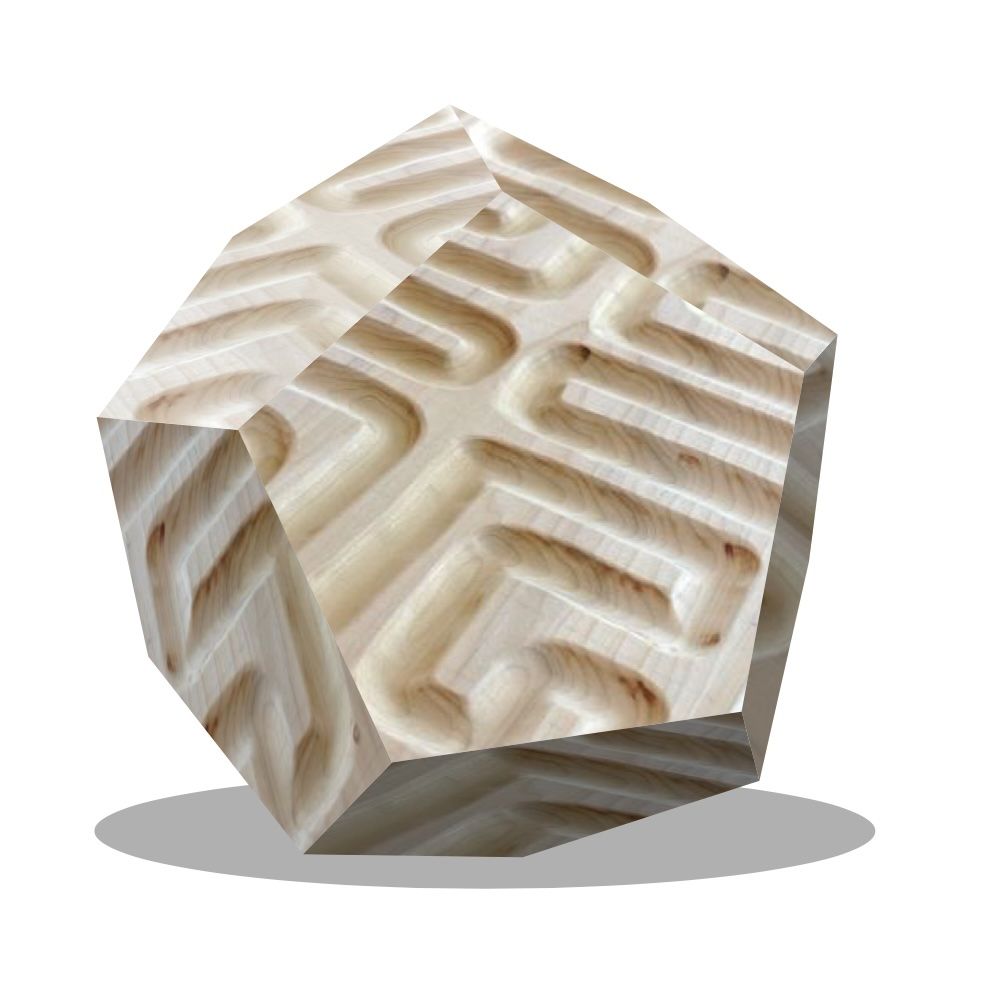 3D wooden labyrinth around dodecahedron, composite photo sketch.